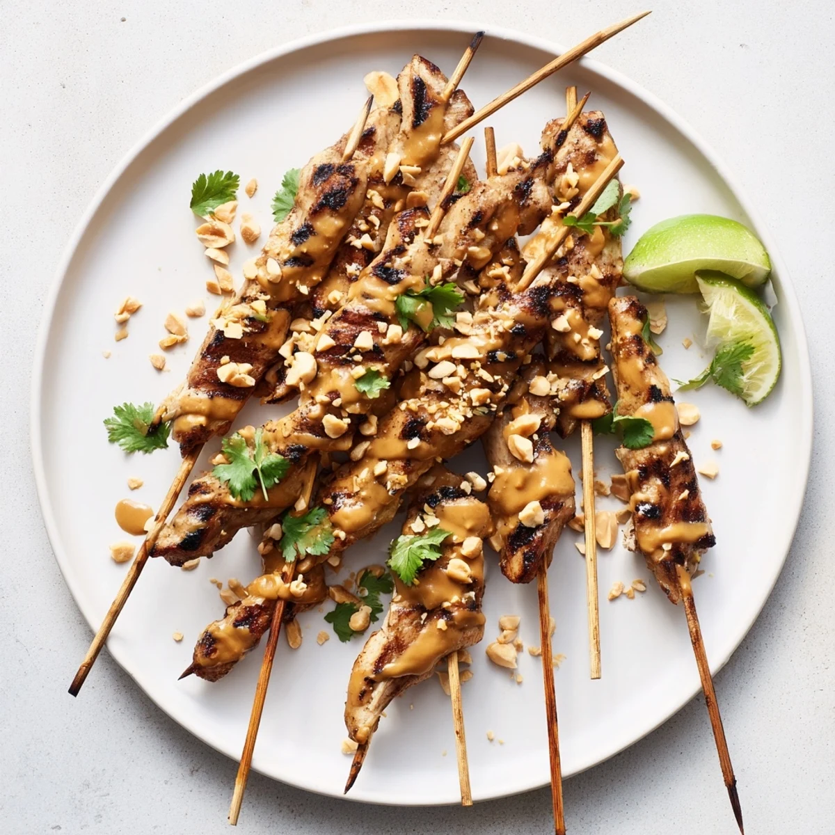 Juicy Chicken Satay Skewers with Peanut Sauce feature vibrant colors, with chopped peanuts and lime wedges adding a fresh, zesty touch.