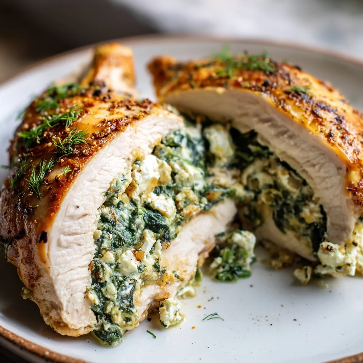 Golden-brown Spinach and Feta Stuffed Chicken Breast resting on a plate, garnished with fresh parsley and lemon wedges.