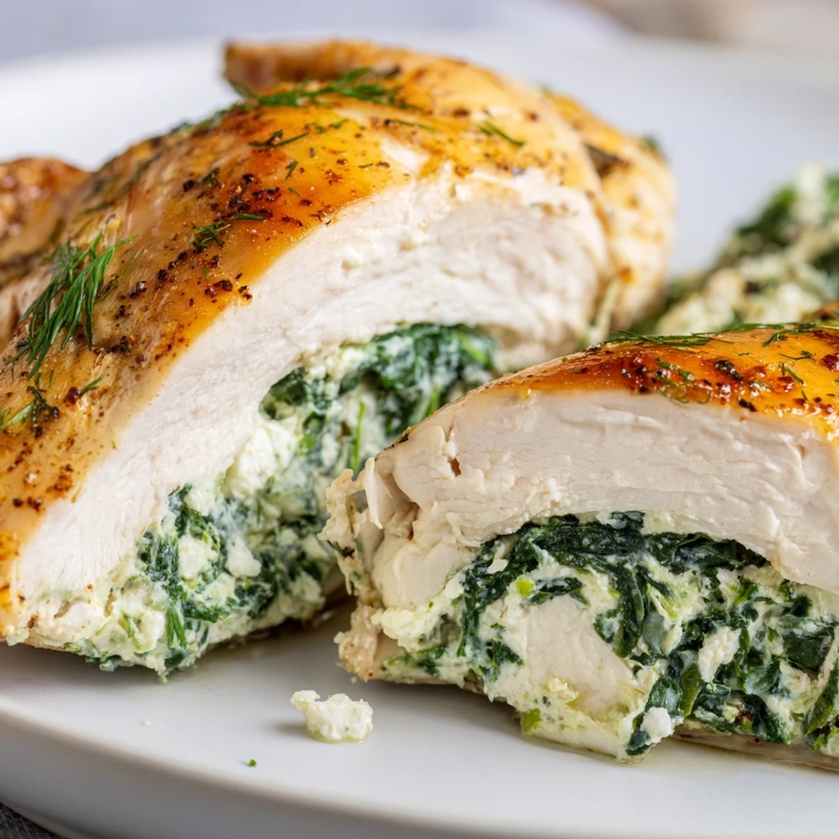 Spinach and Feta Stuffed Chicken Breast sliced open to reveal the creamy, herbaceous green filling, served alongside roasted vegetables.