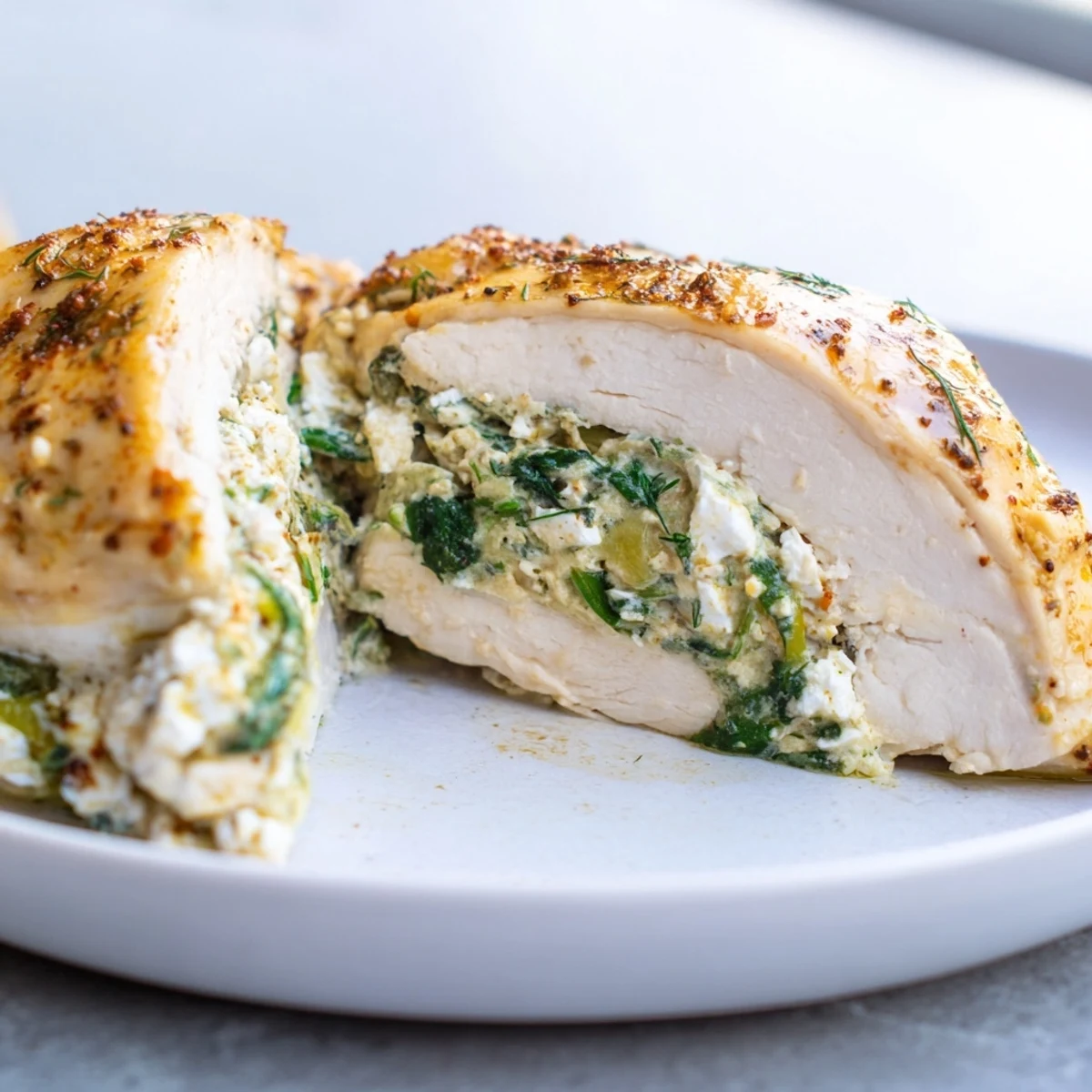 Freshly baked Spinach and Feta Stuffed Chicken Breast with a juicy interior, ready to serve for a healthy Mediterranean dinner.