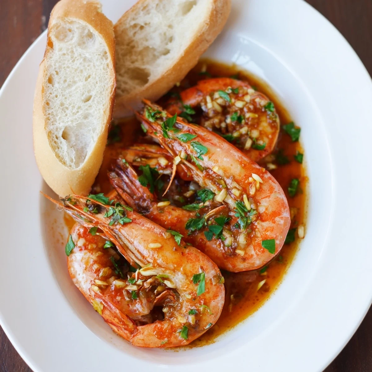 Hot New Orleans BBQ Shrimp with a rich, buttery sauce. Slices of French bread ready for soaking up the flavor.