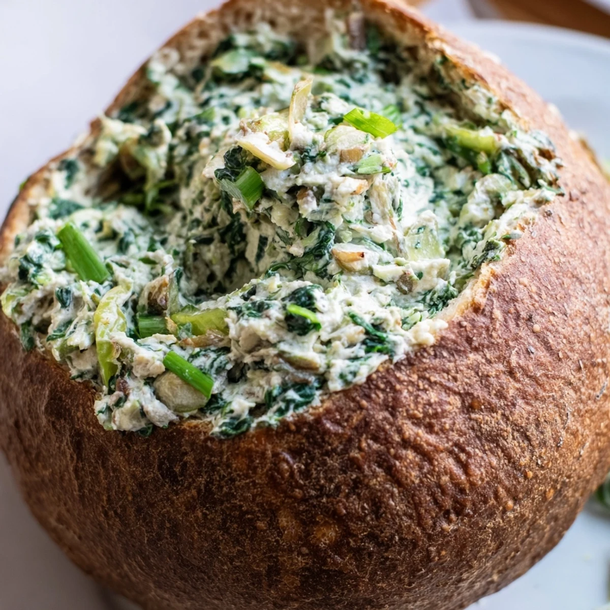 Creamy green St. Patrick’s Day Spinach Dip nestled in a hollowed rye bread bowl with extra dippers.