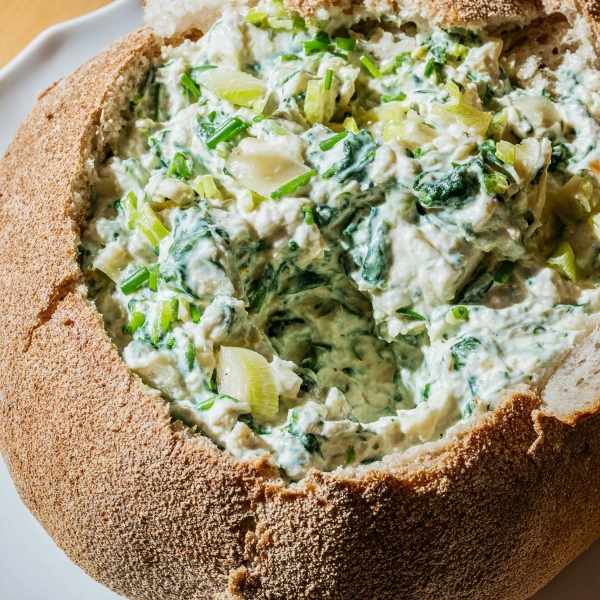 Fresh spinach, sour cream, and herbs blend into a savory dip filling a rustic rye bread loaf.