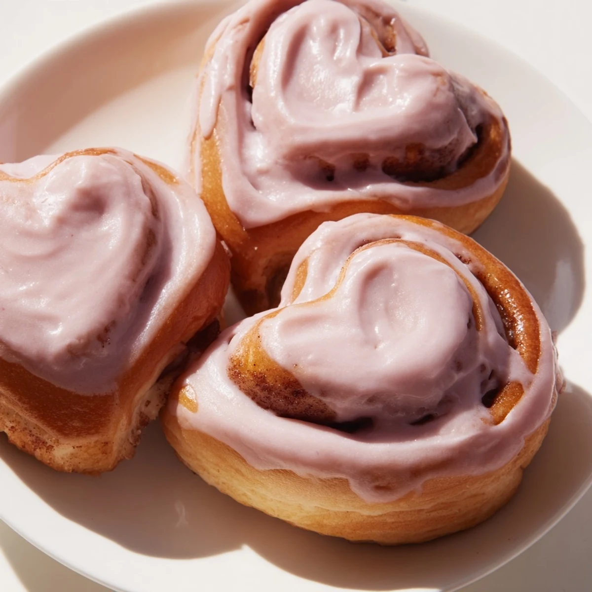 Golden-baked Sweetheart Cinnamon Rolls topped with vibrant pink cream cheese icing on a rustic wooden board.