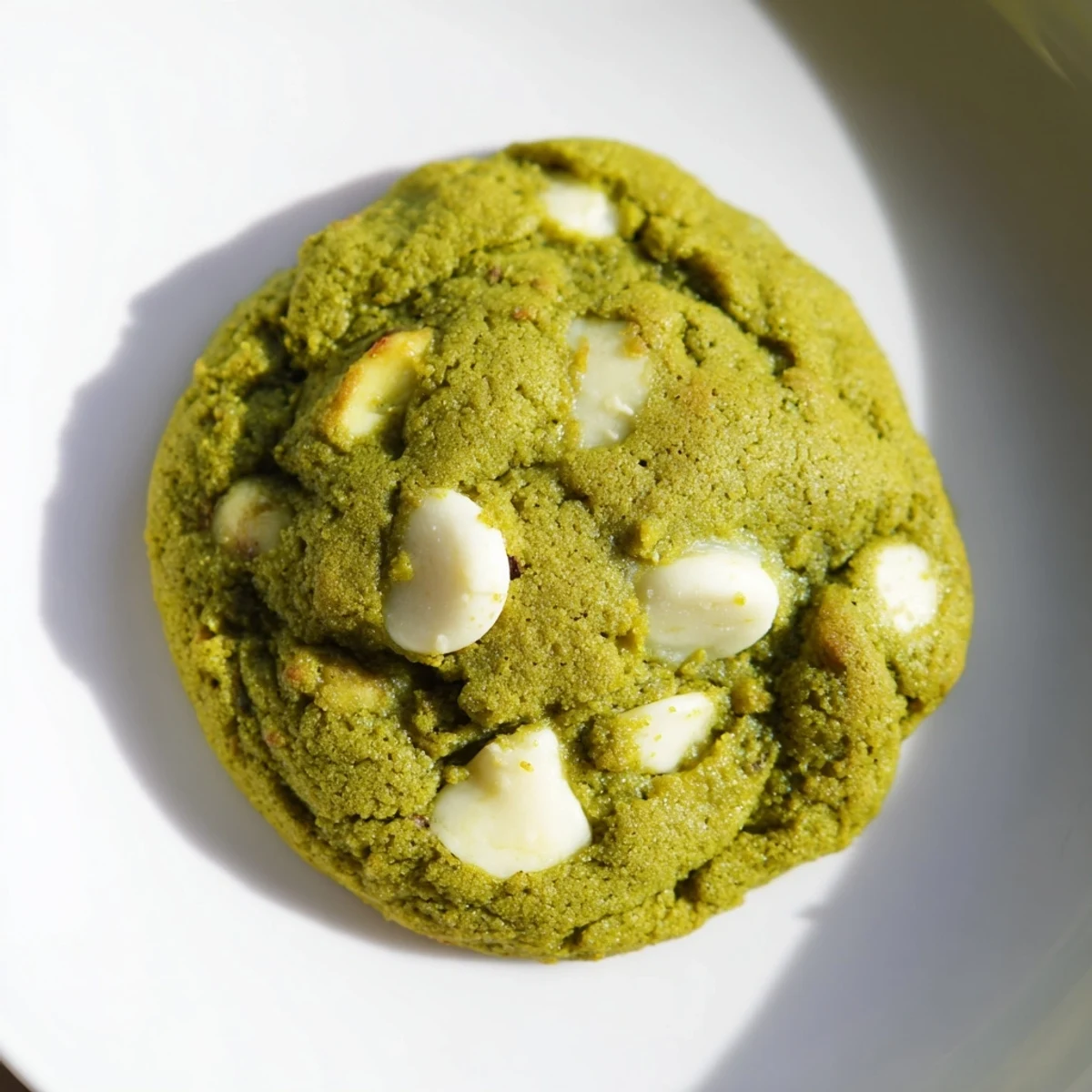 Close-up of chewy Green Matcha Cookies with White Chocolate melting on a parchment-lined baking sheet.