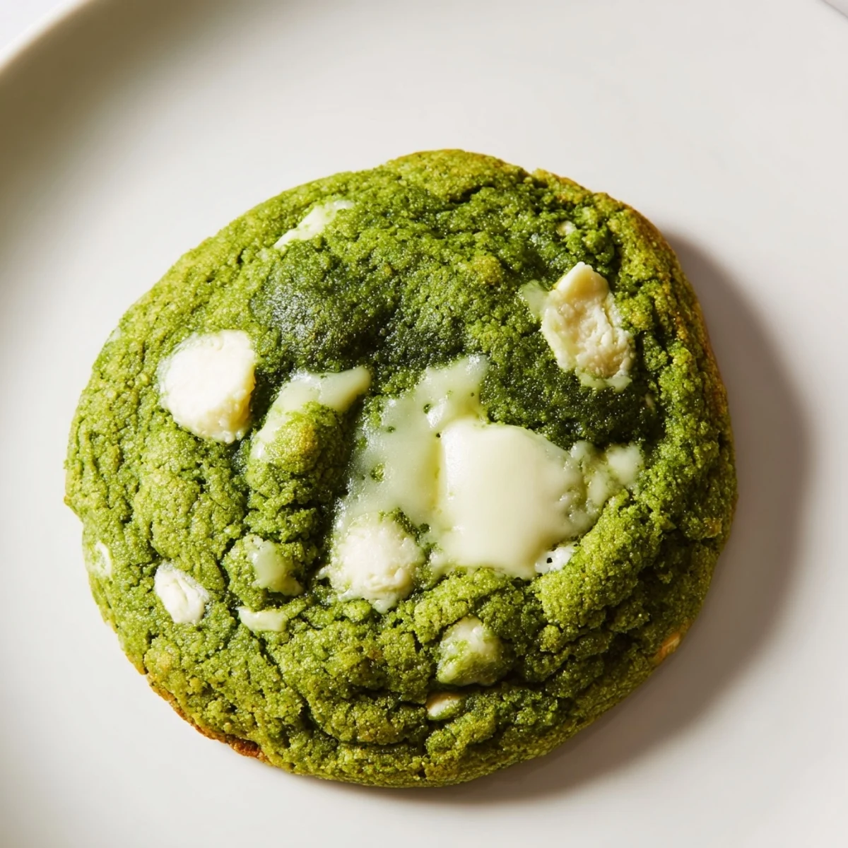 Thick Green Matcha Cookies with White Chocolate chunks stacked on a cooling rack after baking.