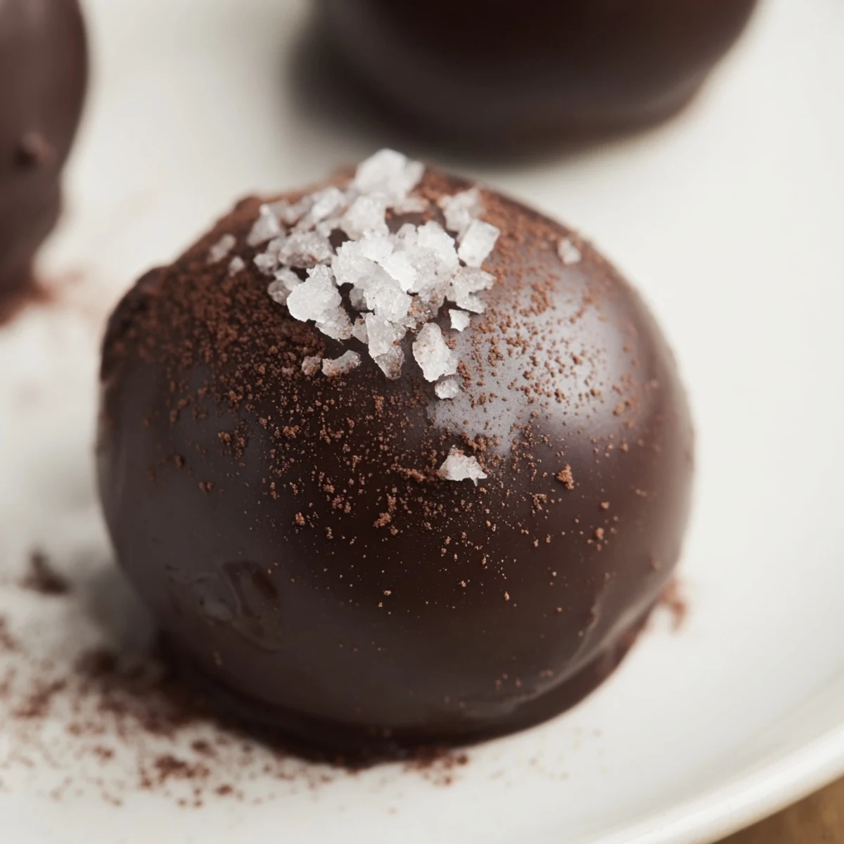 A close-up of Romantic Chocolate Truffles with Sea Salt dusted with cocoa, showcasing smooth ganache centers perfect for dessert trays or wine pairings.