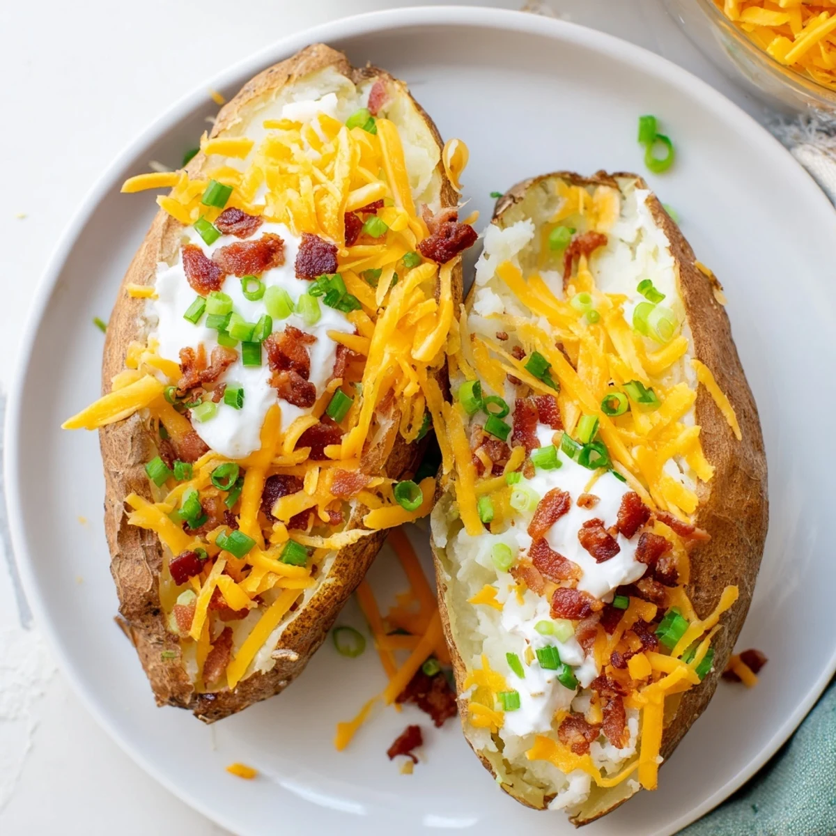 Golden-brown baked russet potatoes split open, revealing fluffy insides ready for the Super Bowl Loaded Baked Potato Bar spread.
