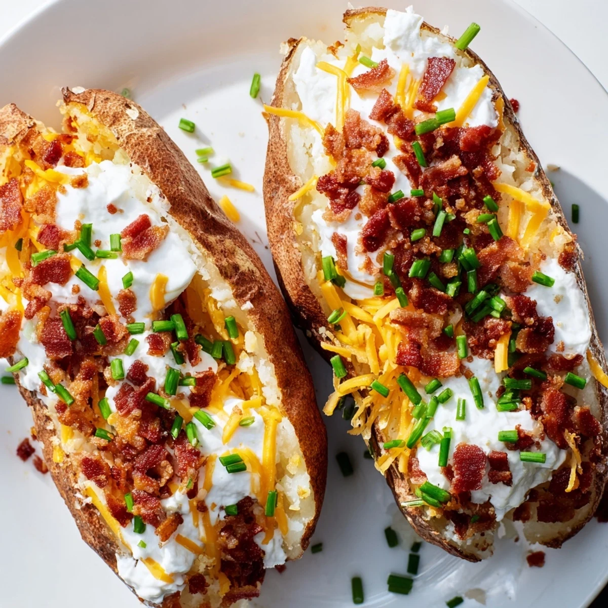 Close-up of a fully loaded Super Bowl baked potato with melted cheddar, bacon crumbles, and fresh chives on top.