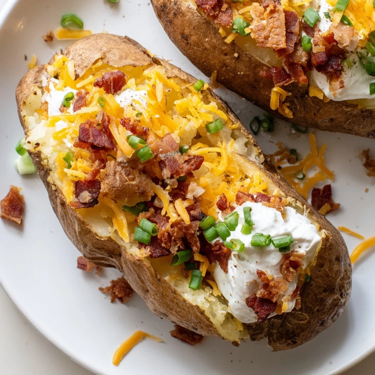 Steam rises from fluffy baked potato centers while guests load them with chili, cheese, and sour cream toppings.