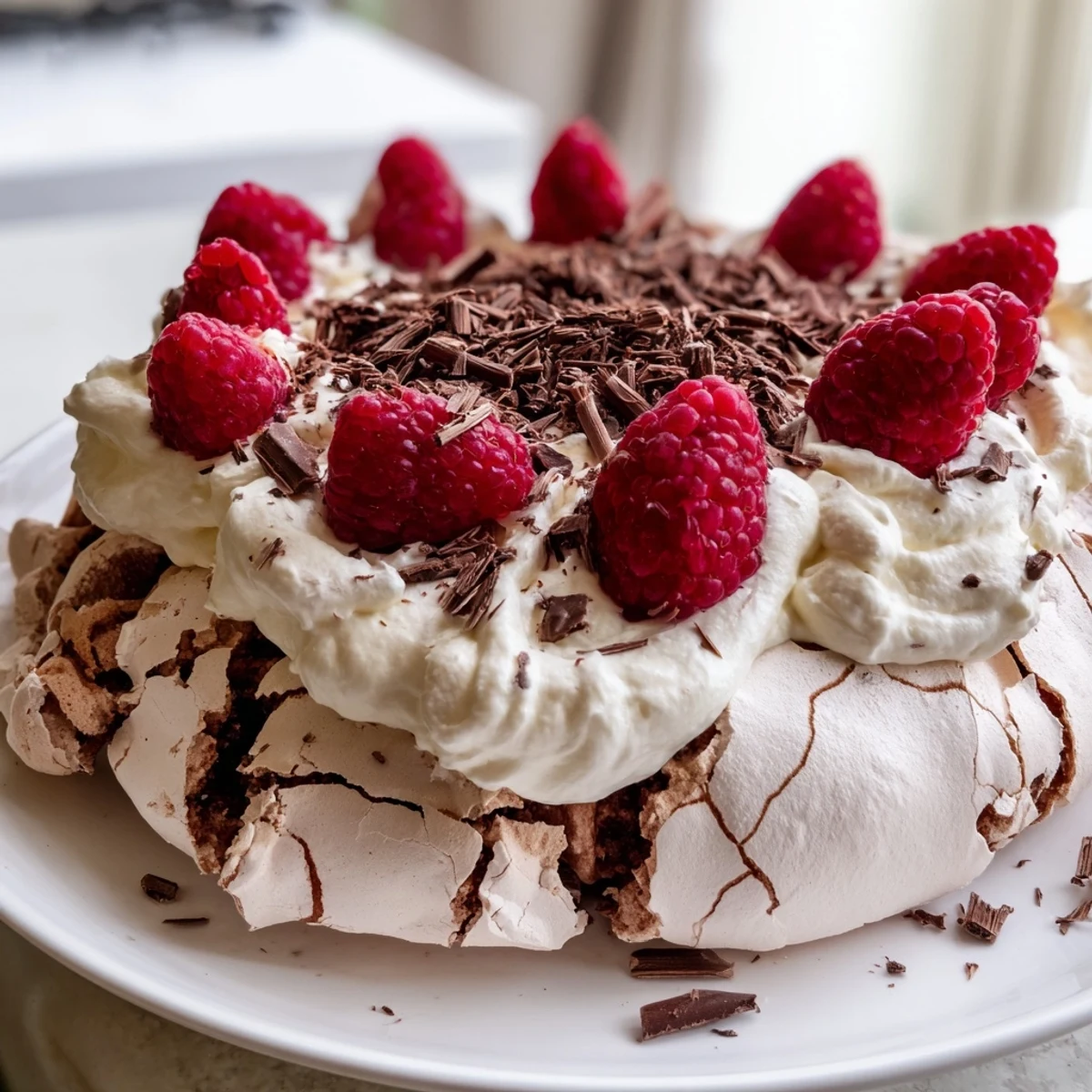 A close-up of Chocolate Raspberry Pavlova, a crisp chocolate meringue nest filled with fluffy whipped cream and topped with fresh raspberries and chocolate shavings.