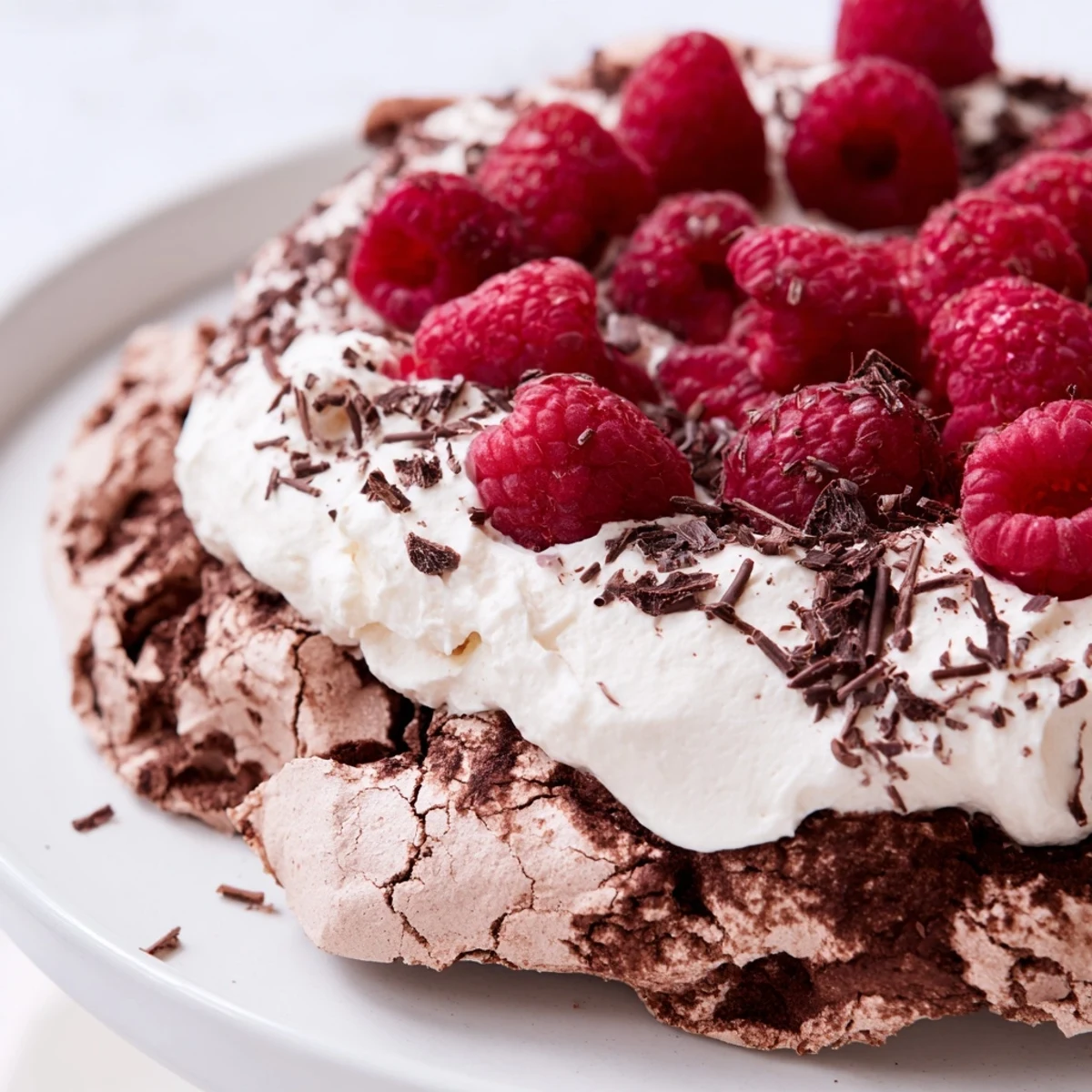 Sliced Chocolate Raspberry Pavlova on a plate, revealing its marshmallow-like center and rich whipped cream, ready to serve with bright red berries.