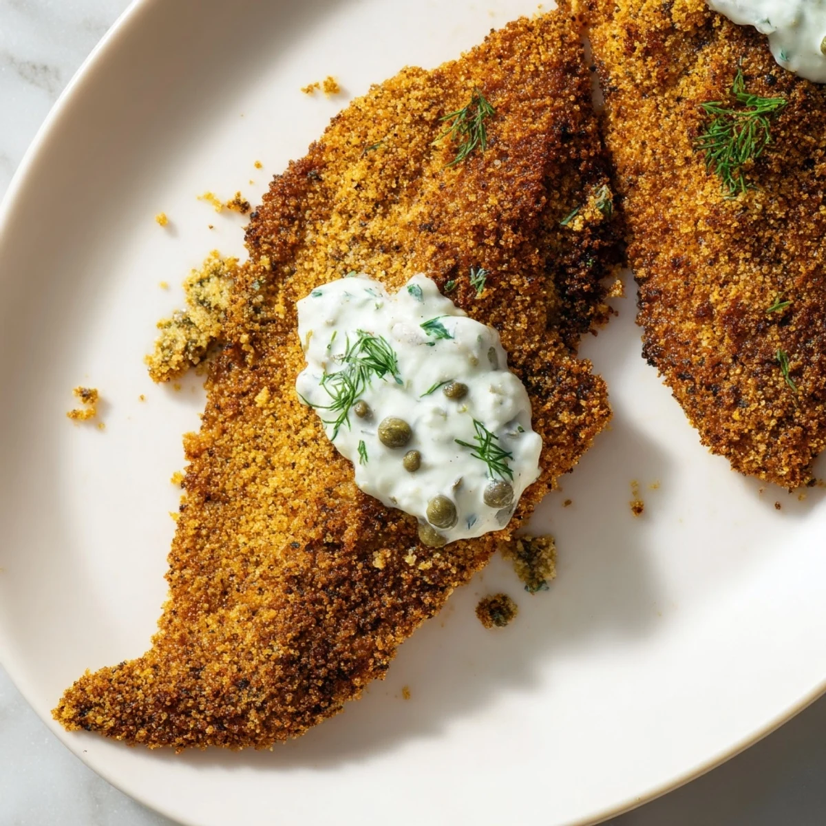 Homemade Cajun Fish Fry served with creamy tartar sauce and fresh lemon wedges on a rustic plate.  