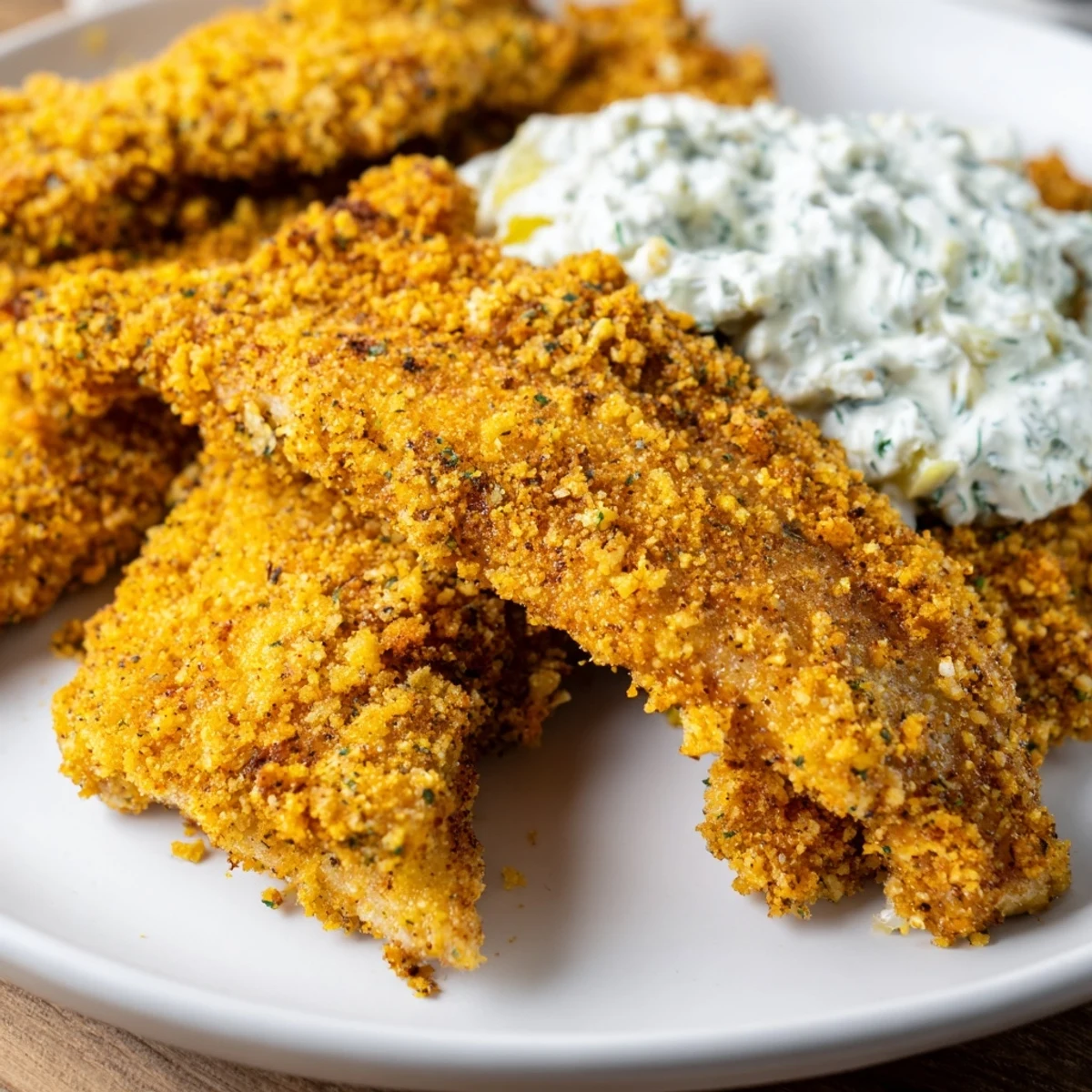 Spicy Cajun Fish Fry fillets alongside creamy tartar sauce for an authentic Southern meal experience.