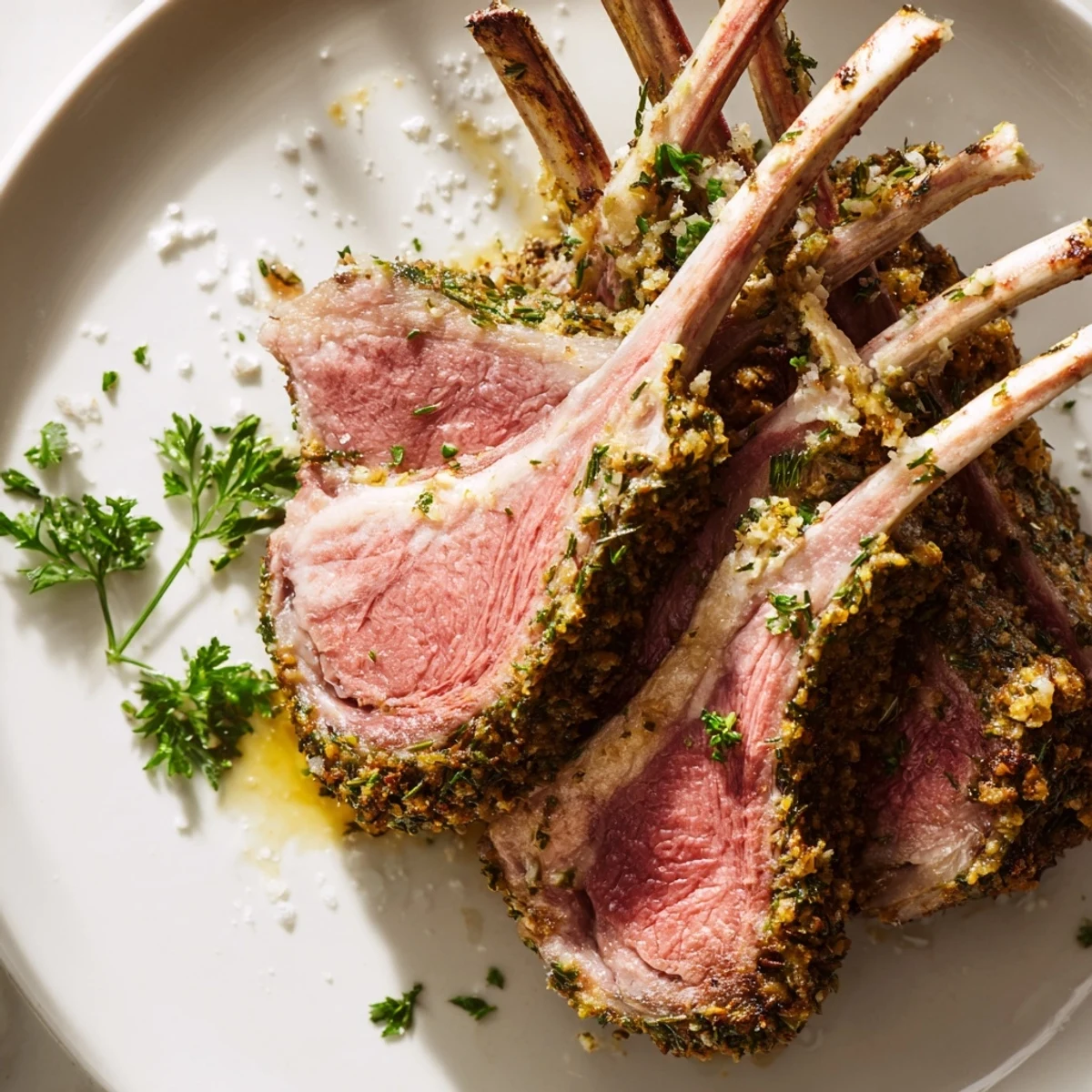 Garlic and herb crusted Romantic Roasted Rack of Lamb rests before being sliced for serving.