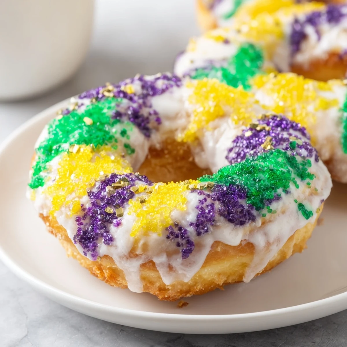 Warm Mardi Gras donuts drizzled with vanilla glaze and sprinkled with festive colored sugar.