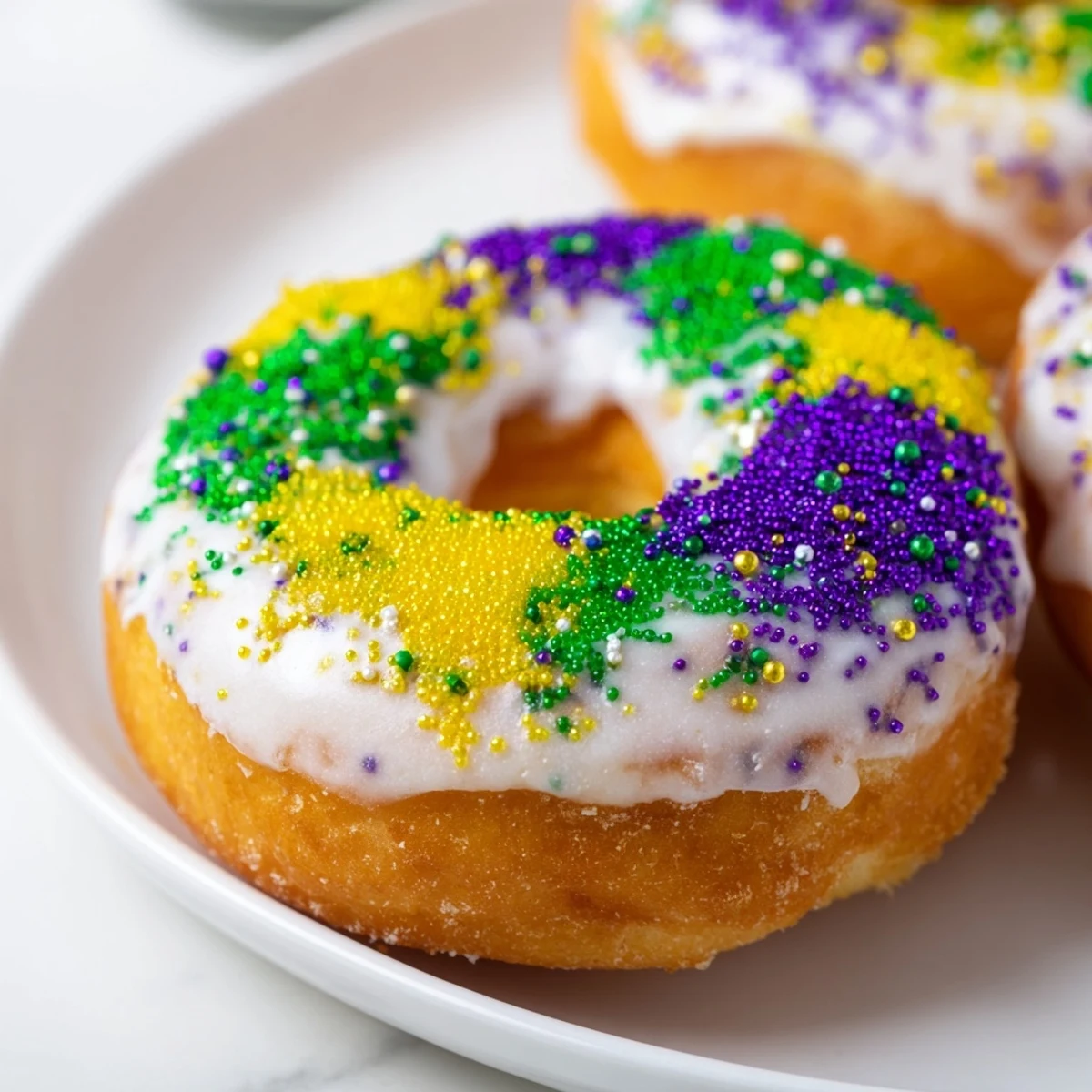Golden Mardi Gras donuts stacked high, ready to be enjoyed with a hot café au lait.
