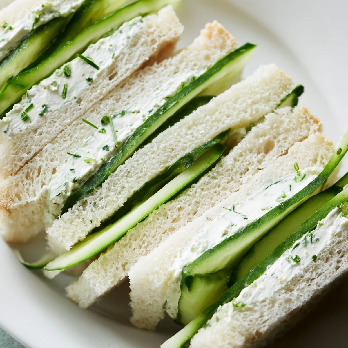 Close-up of Green Cucumber Sandwiches with Herb Cheese on crustless white bread, showing creamy spread and thin cucumber slices.