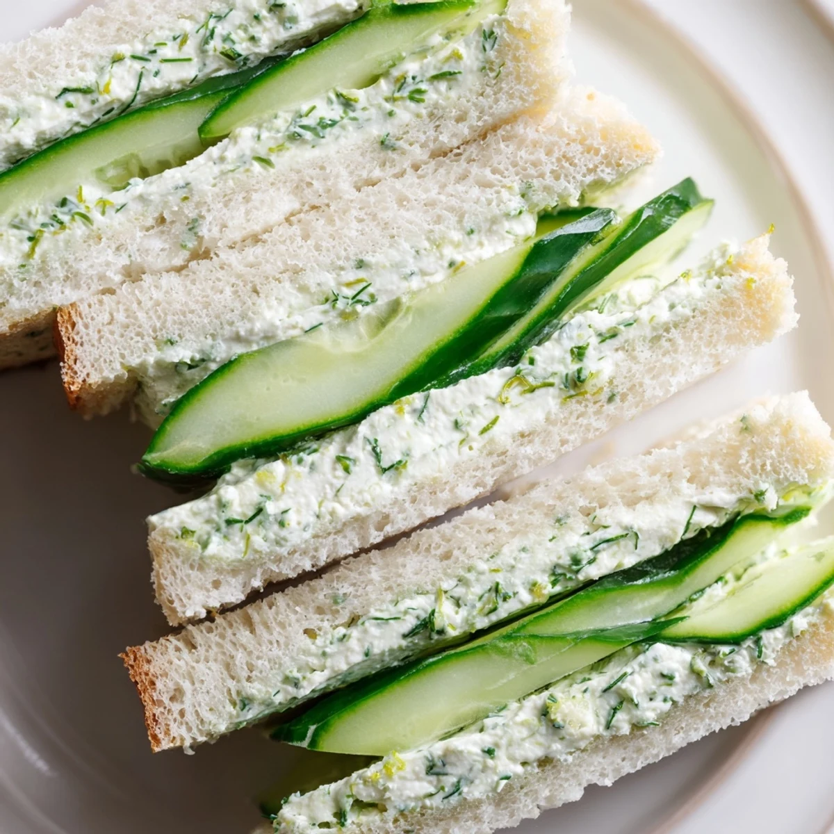 Freshly cut Green Cucumber Sandwiches with Herb Cheese arranged on a wooden board, perfect for a light lunch or tea party.