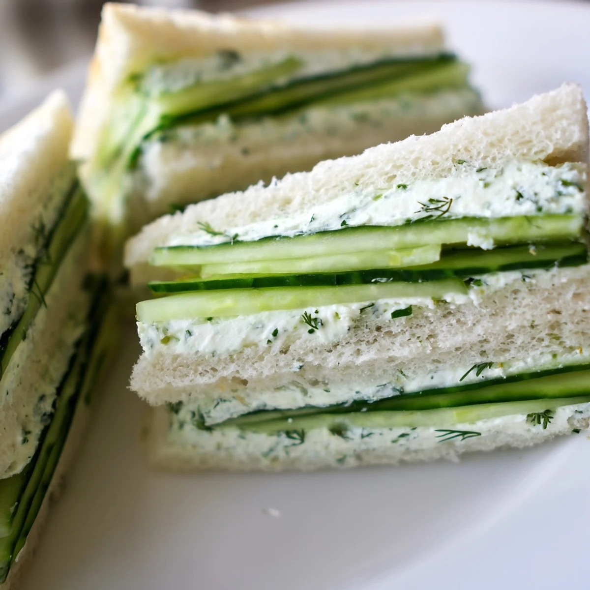 Overhead view of Green Cucumber Sandwiches with Herb Cheese, garnished with fresh dill and chives for an elegant appetizer.