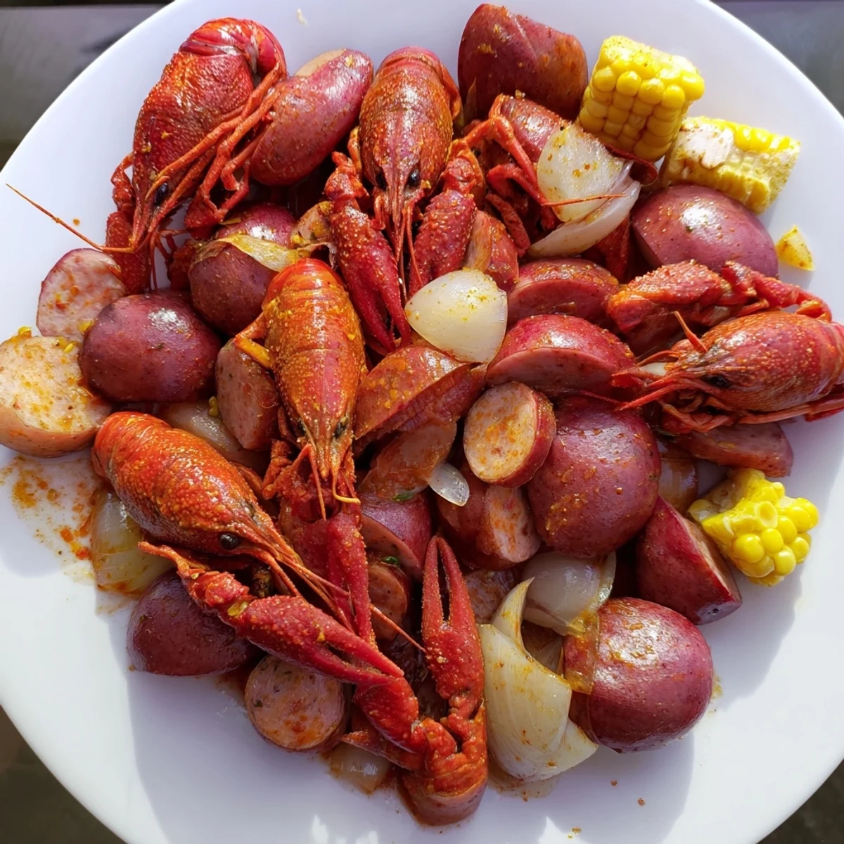 Bright red crawfish, golden corn, and smoky sausage sit in a steaming Louisiana Style Crawfish Boil beside halved lemons.