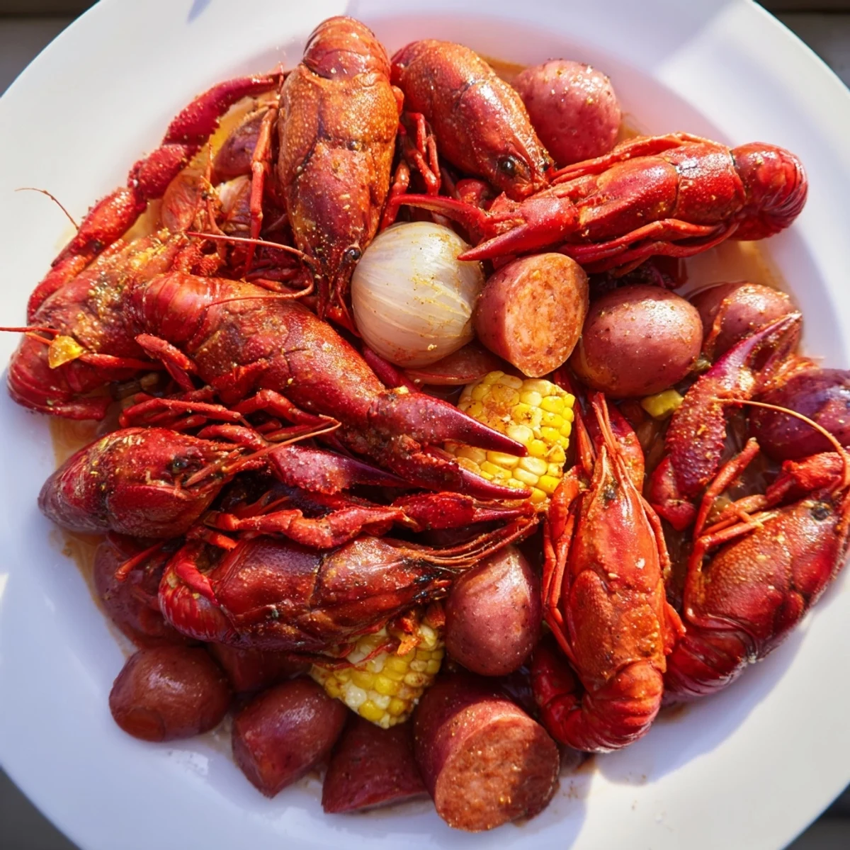 A rustic tray holds potatoes, onions, and garlic from a bubbling Louisiana Style Crawfish Boil, ready to serve family-style.
