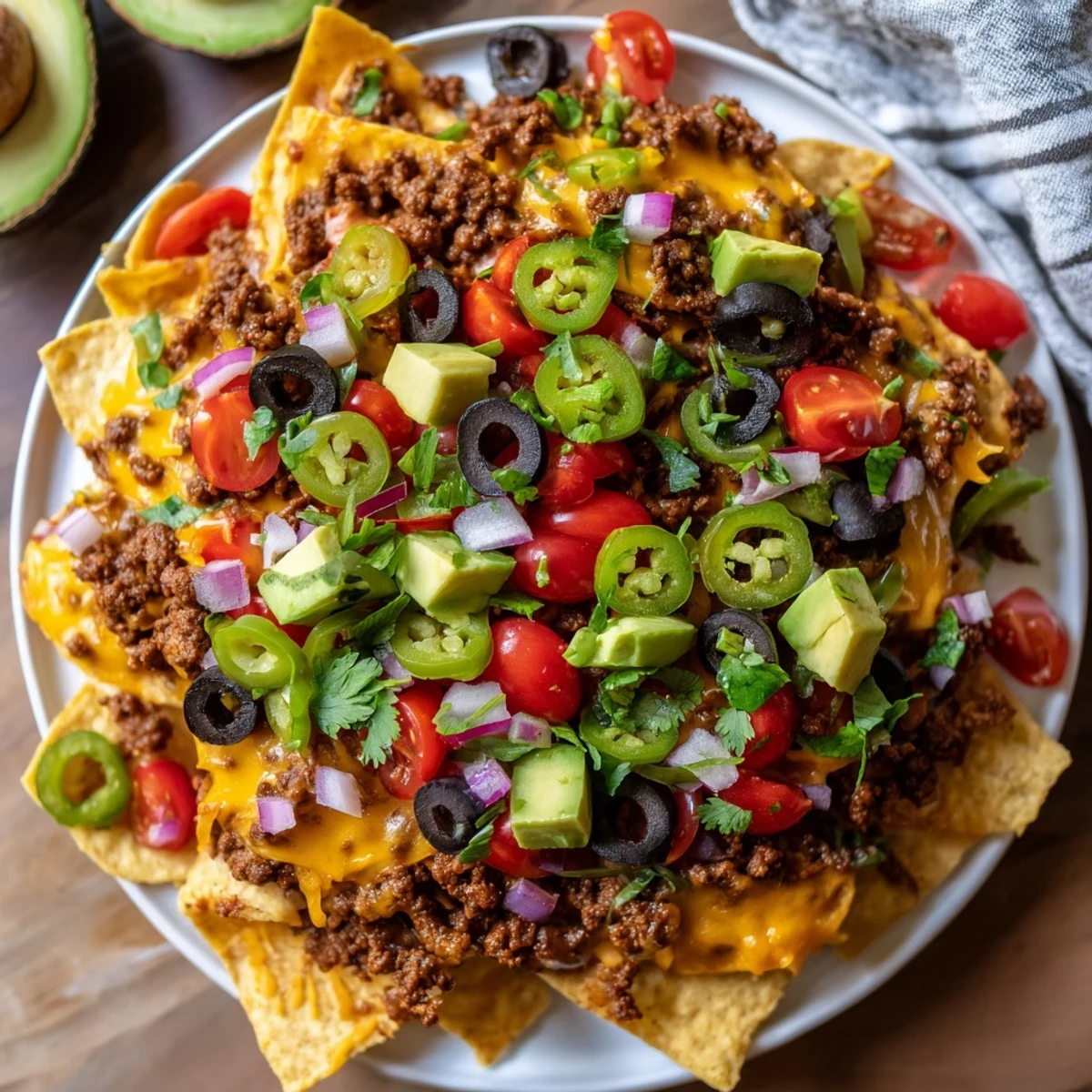 Golden, bubbly Championship Nacho Platter with Ground Beef layered on tortilla chips, topped with diced avocado and fresh cilantro.