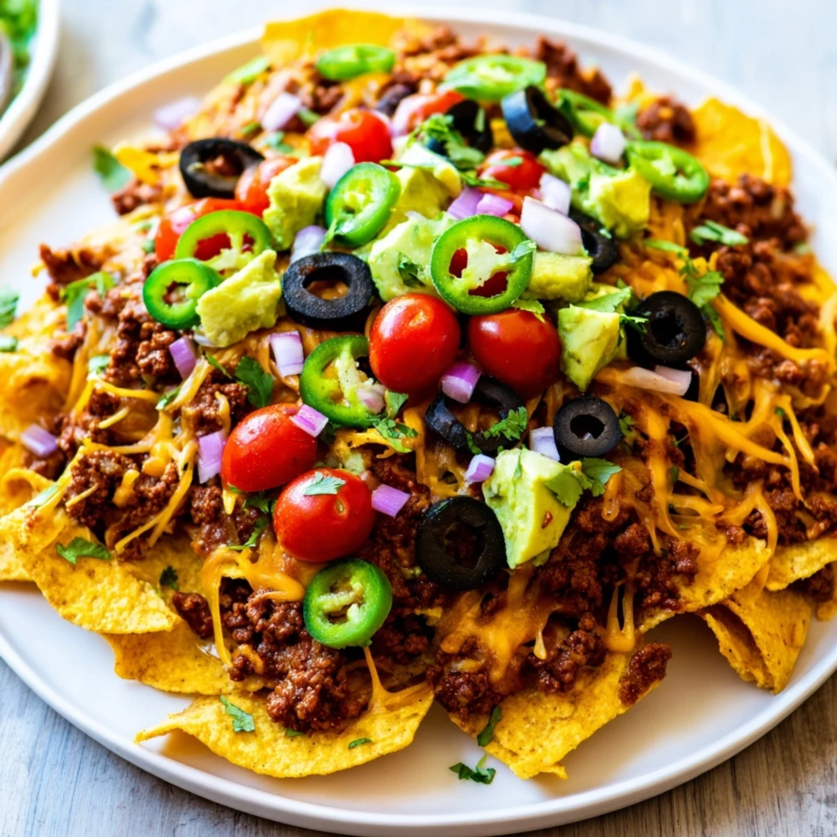 Freshly baked Championship Nacho Platter with Ground Beef served hot, garnished with red onion and black olives alongside sour cream.