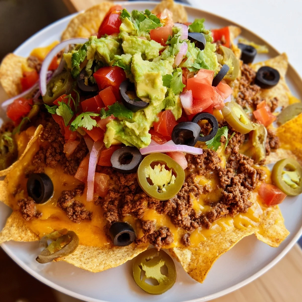 A loaded Championship Nacho Platter with Ground Beef featuring seasoned beef, melty cheddar, and colorful toppings like jalapeños and tomatoes.