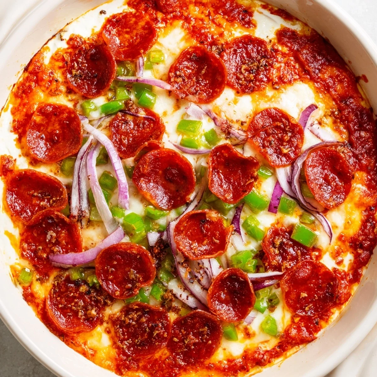 Bubbling golden cheese tops this Game Day Pepperoni Pizza Dip, with beef pepperoni on a cheesy base.