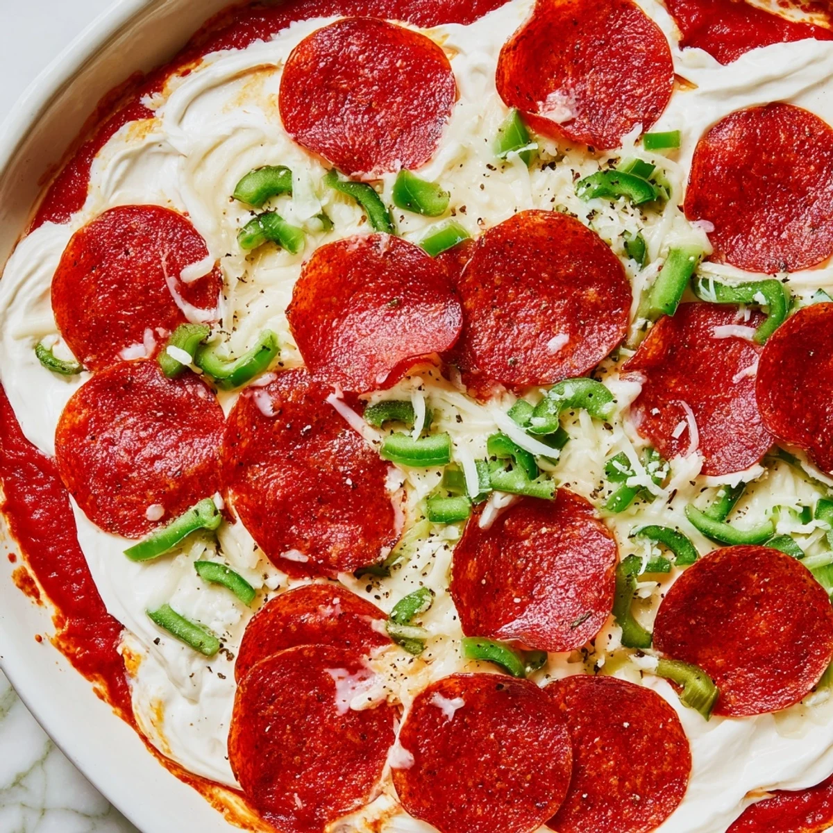 Served hot from the oven, the Game Day Pepperoni Pizza Dip is paired with toasted baguette slices.