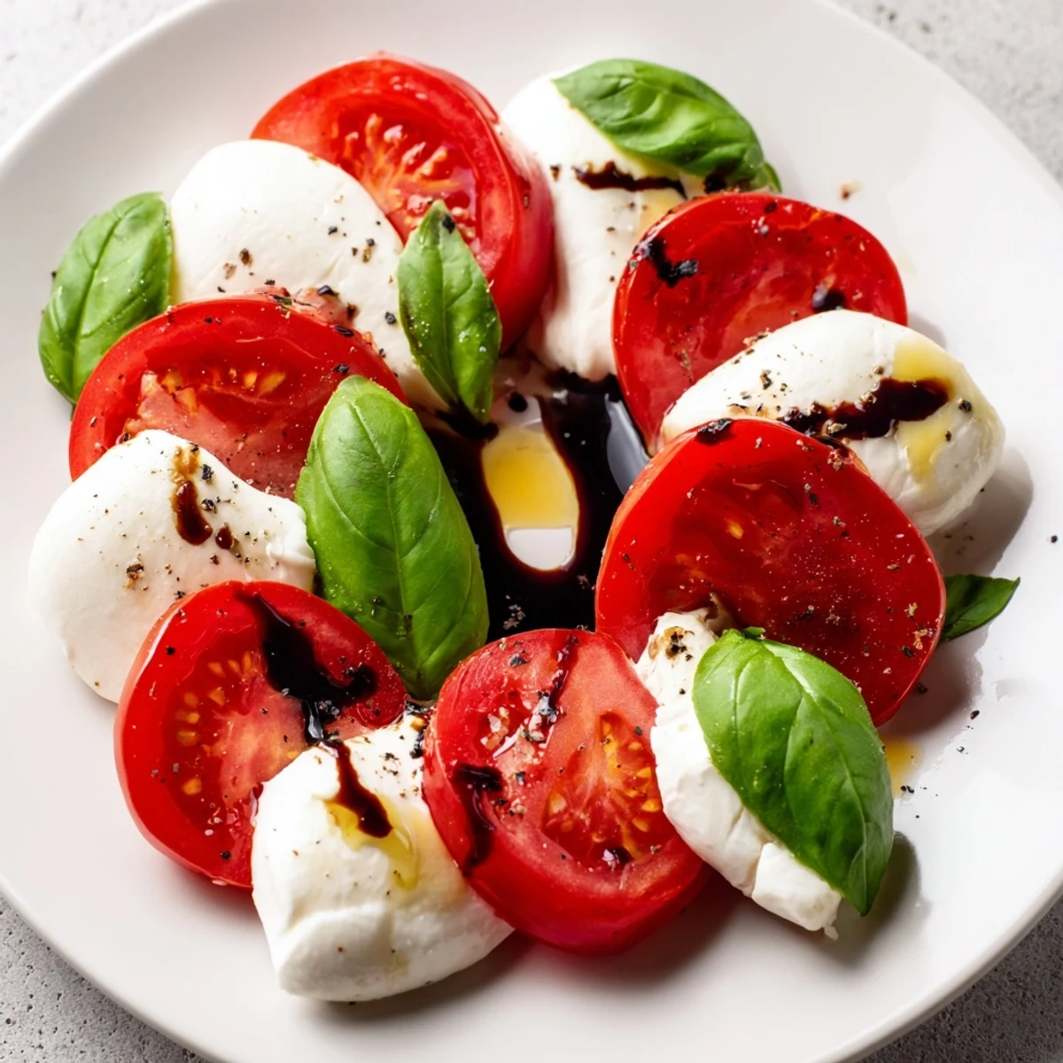 Festive Valentine Heart Caprese Salad arranged with fresh mozzarella, tomato, and basil on a platter, drizzled with balsamic glaze for a romantic vegetarian appetizer.