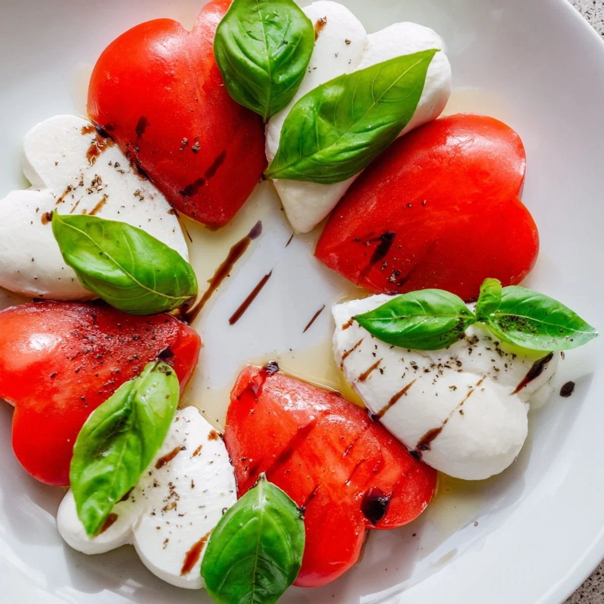 Delicious Valentine Heart Caprese Salad ready to serve, featuring vibrant red tomato and creamy mozzarella hearts, perfect for sharing with a glass of crisp Pinot Grigio.