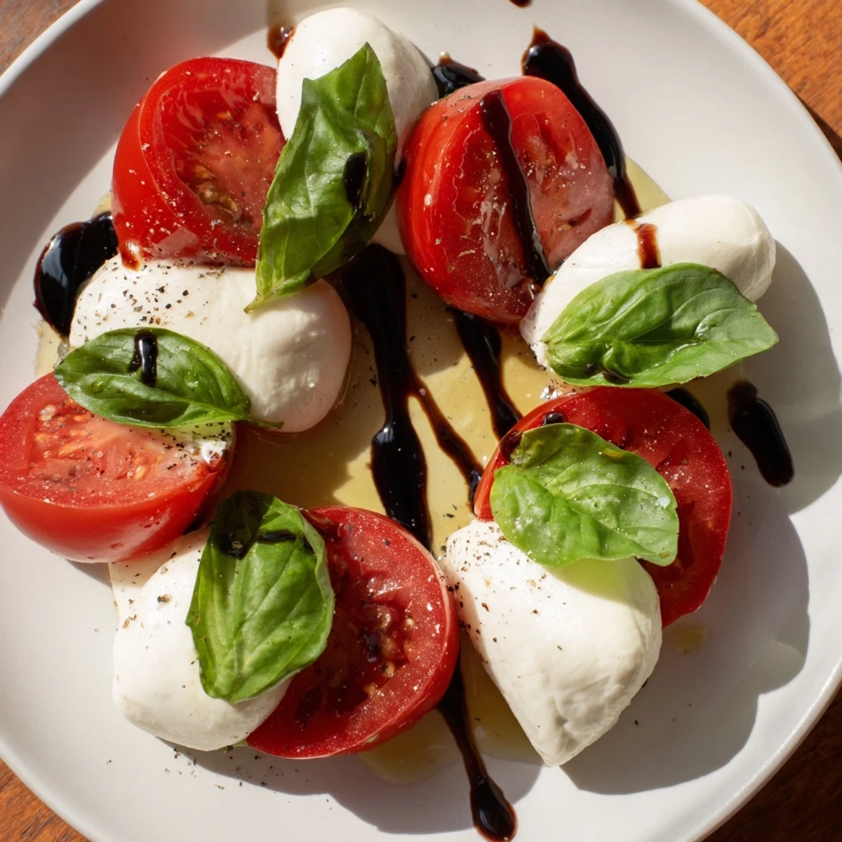 Hearty tomato and mozzarella hearts sit atop a white serving plate, garnished with fresh basil and olive oil for a bright Italian salad presentation.