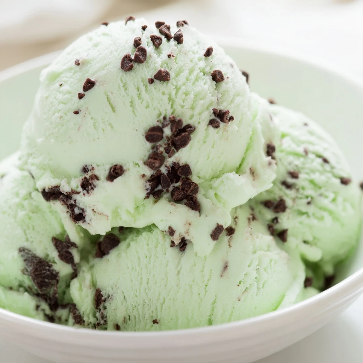 Creamy green St. Patricks Day Mint Chocolate Chip Ice Cream scooped into a bowl with chocolate shavings.