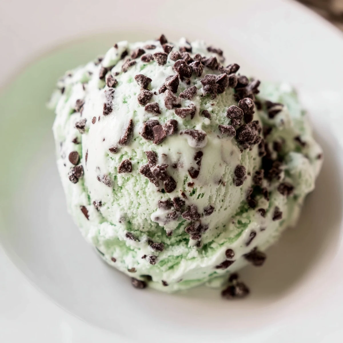 Freshly churned St. Patricks Day Mint Chocolate Chip Ice Cream in a white bowl, ready to serve.