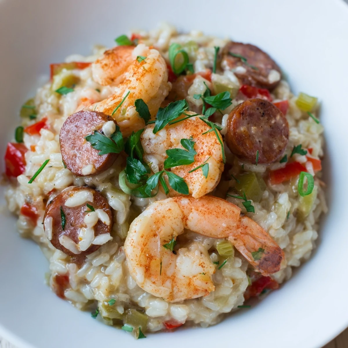 A close-up of Creole Jambalaya Risotto with Shrimp, featuring pink shrimp, diced peppers, and a rich, red-tinged broth.