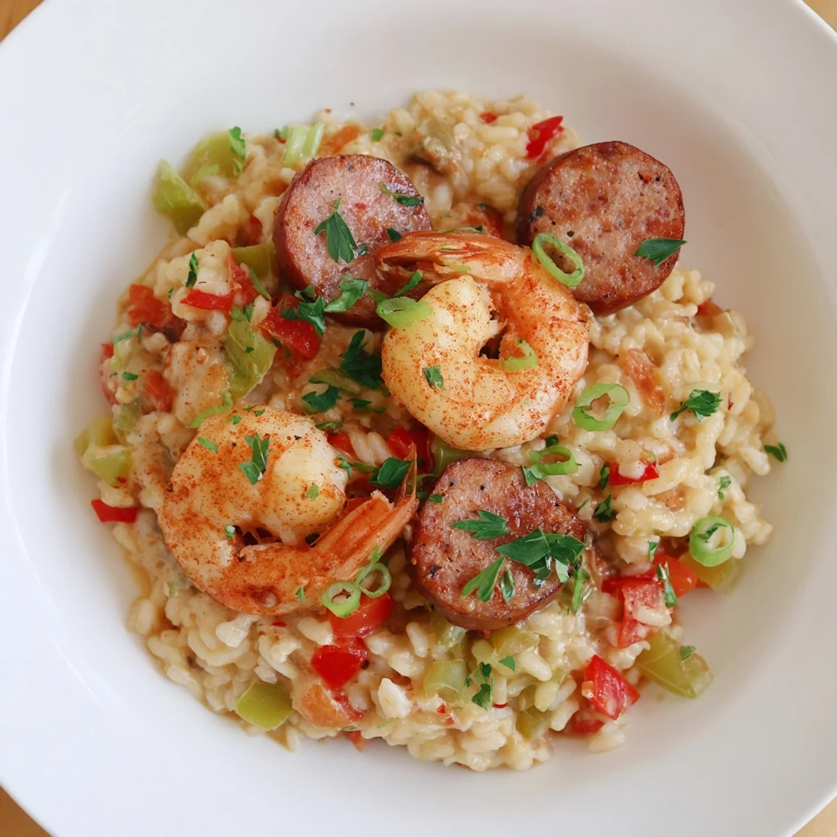 Steaming creamy Creole Jambalaya Risotto with Shrimp and andouille sausage in a skillet, garnished with fresh parsley.