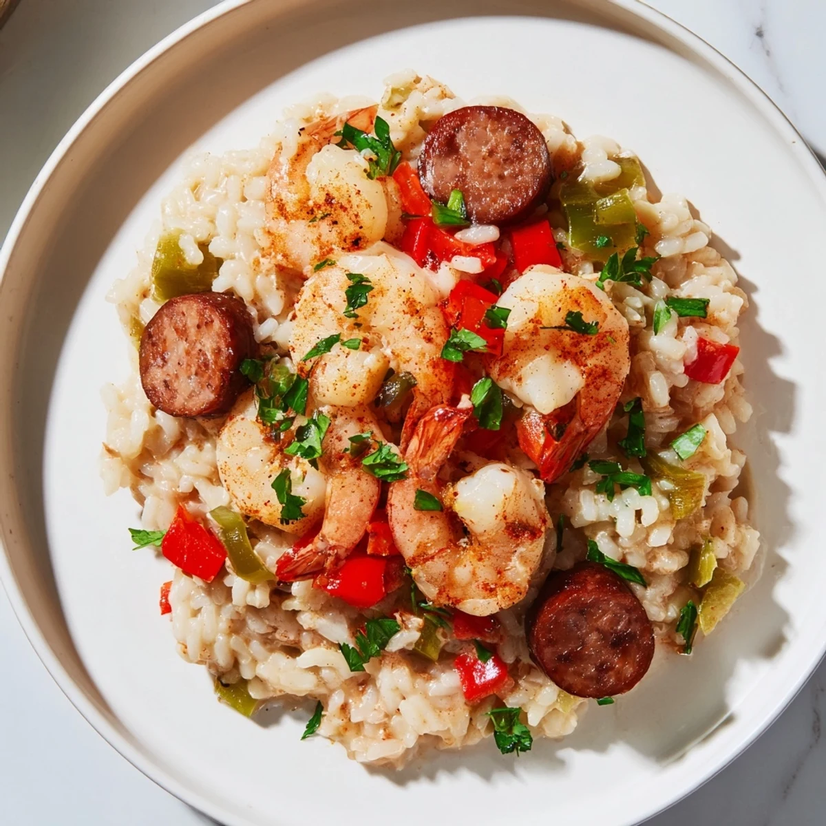 Served Creole Jambalaya Risotto with Shrimp in a rustic bowl, topped with sliced green onions and lemon wedges.
