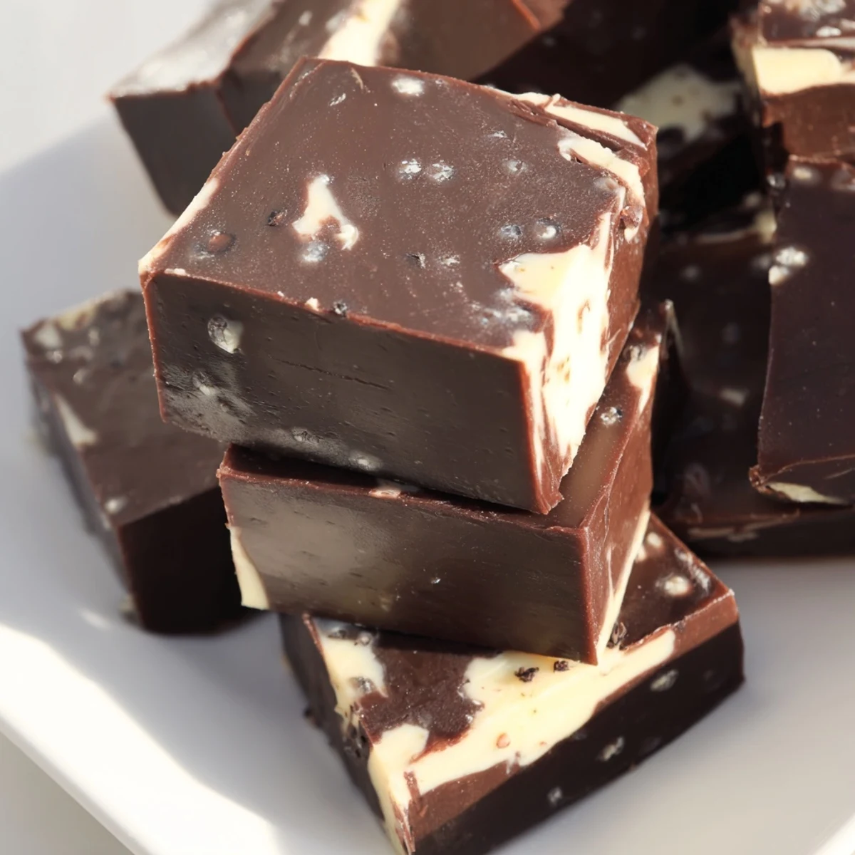 Freshly cut Irish Cream Fudge squares sit on a wooden board, showcasing a rich, velvety texture and glossy chocolate finish.