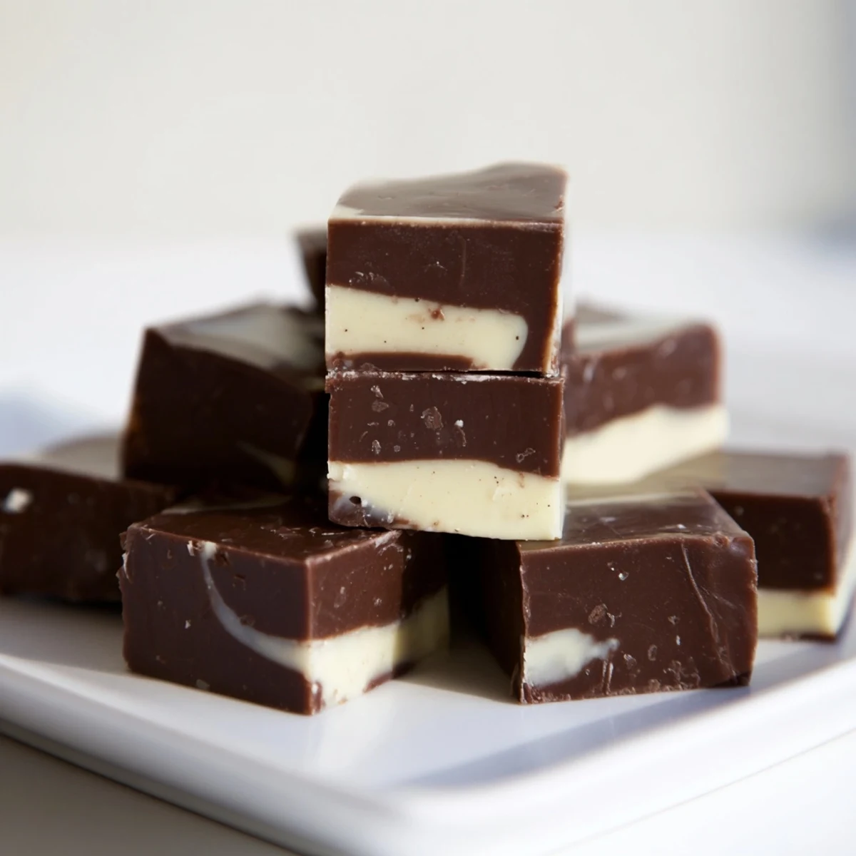 A close-up view of creamy Irish Cream Fudge squares with a dense, fudgy interior, ready to be packaged as gifts.