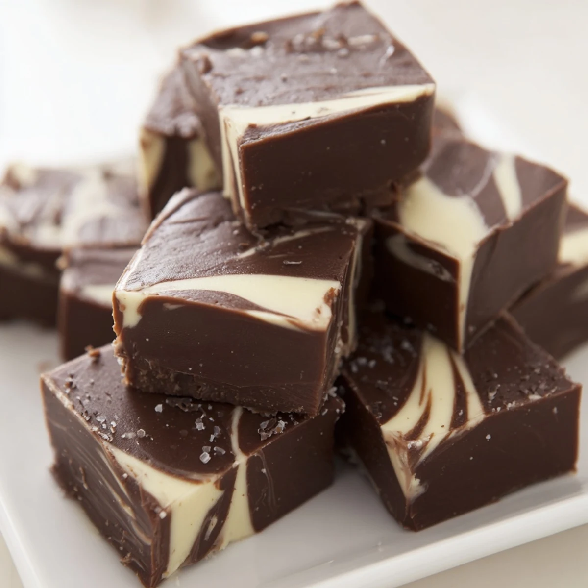 Decadent squares of homemade Irish Cream Fudge arranged on a marble countertop, perfect for a St. Patrick's Day dessert platter.