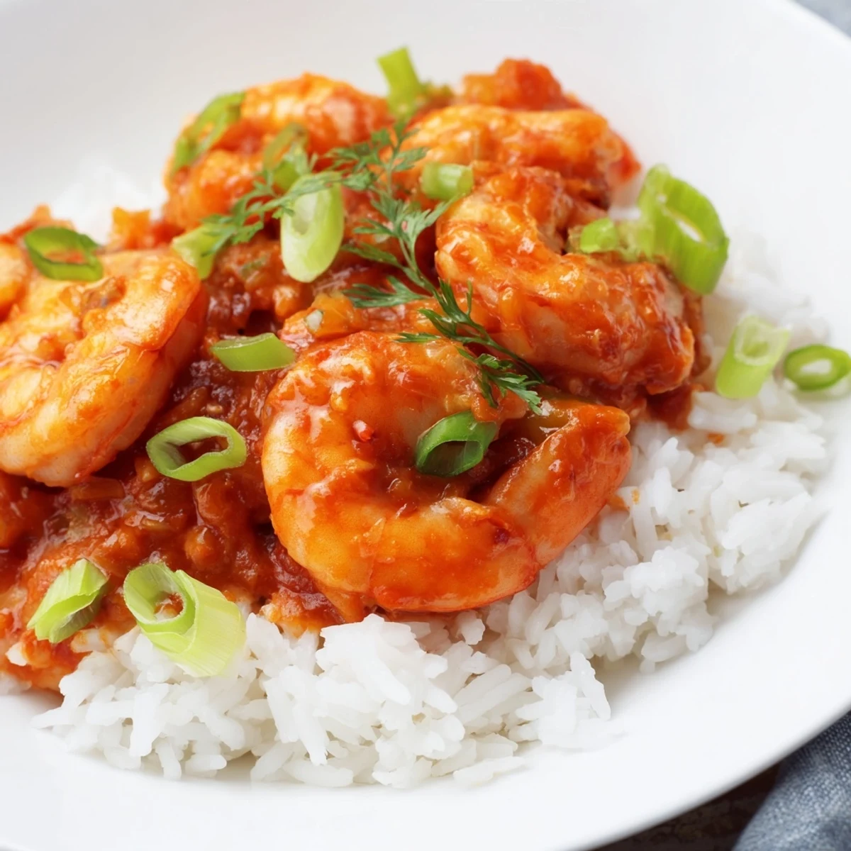 Savory Shrimp Creole with White Rice steams in a rich, spicy Creole tomato sauce, served steaming in a white bowl.