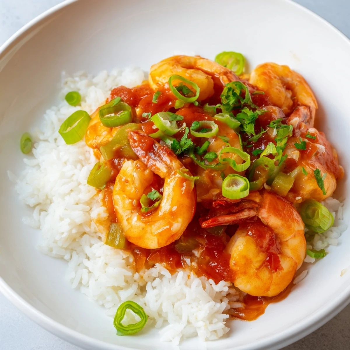 Shrimp Creole with White Rice plated beside crusty bread, perfect for soaking up the bold, flavorful Creole sauce.