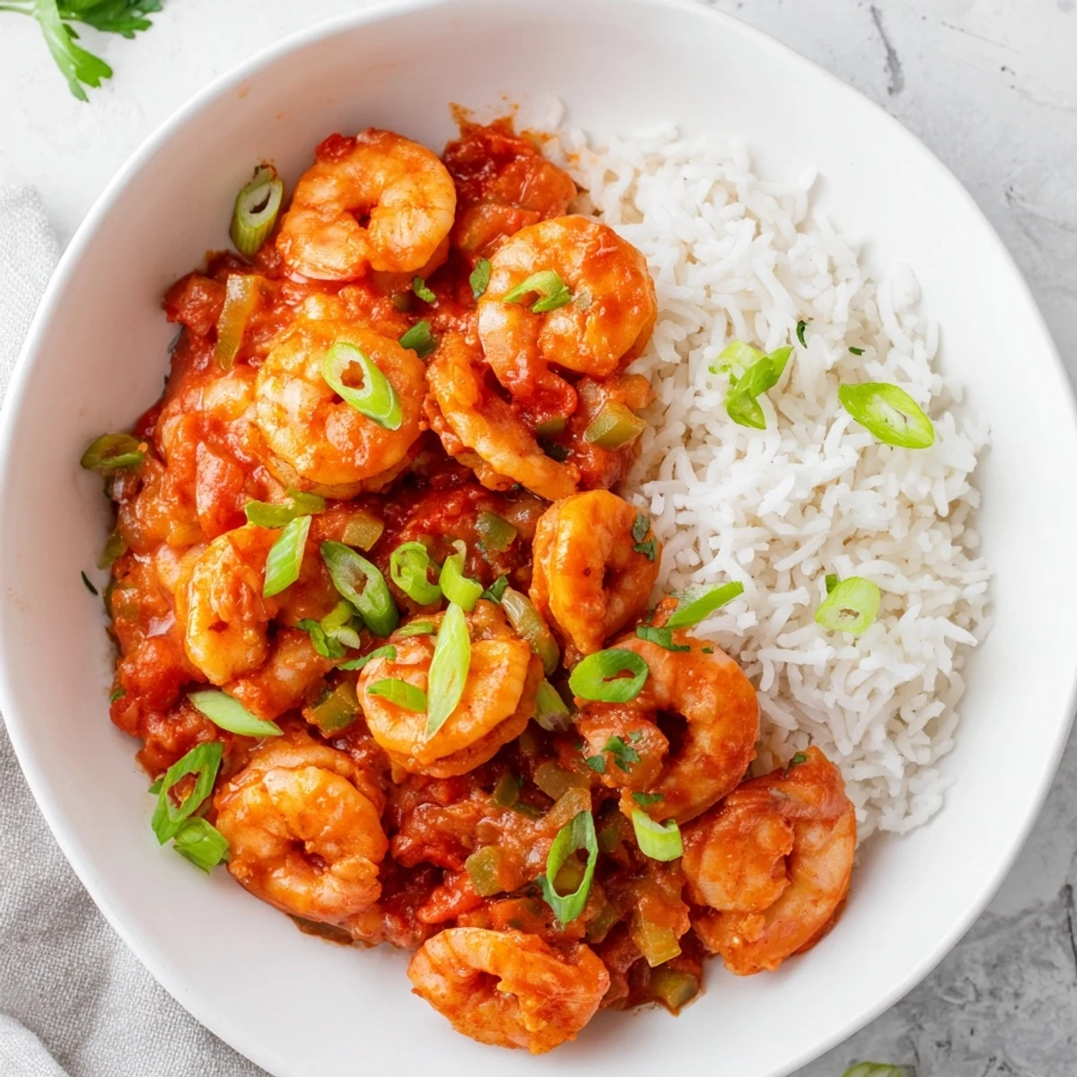 Succulent Shrimp Creole with White Rice ladled over fluffy grains, garnished with fresh green onions and parsley.