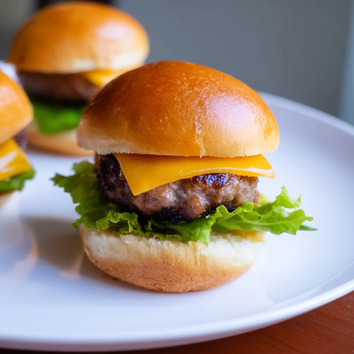 Golden toasted slider buns hold Beef Sliders with Cheddar Cheese, garnished with crisp lettuce, tomato, and pickles. 