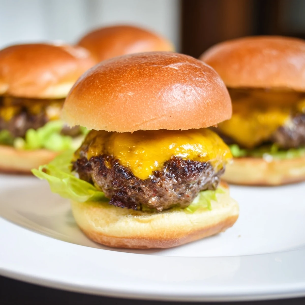 Freshly grilled Beef Sliders with Cheddar Cheese sit on a platter, with melted cheddar dripping over juicy beef patties. 