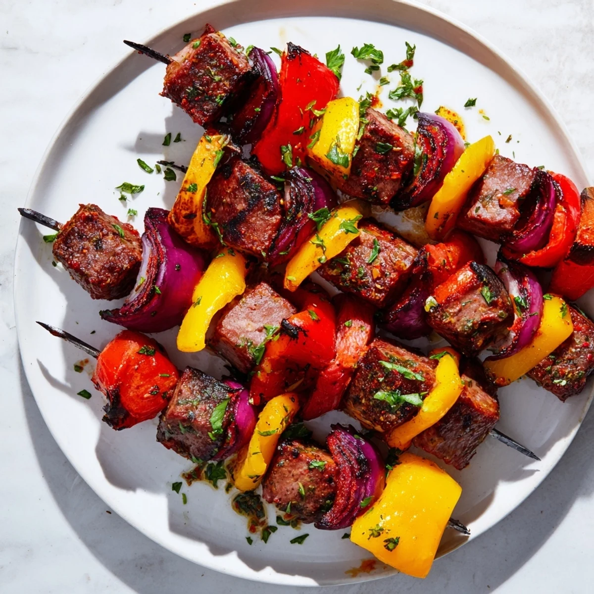 Freshly grilled Beef Sausage Skewers with Peppers on a platter, garnished with parsley and lemon wedges for a bright, zesty finish.