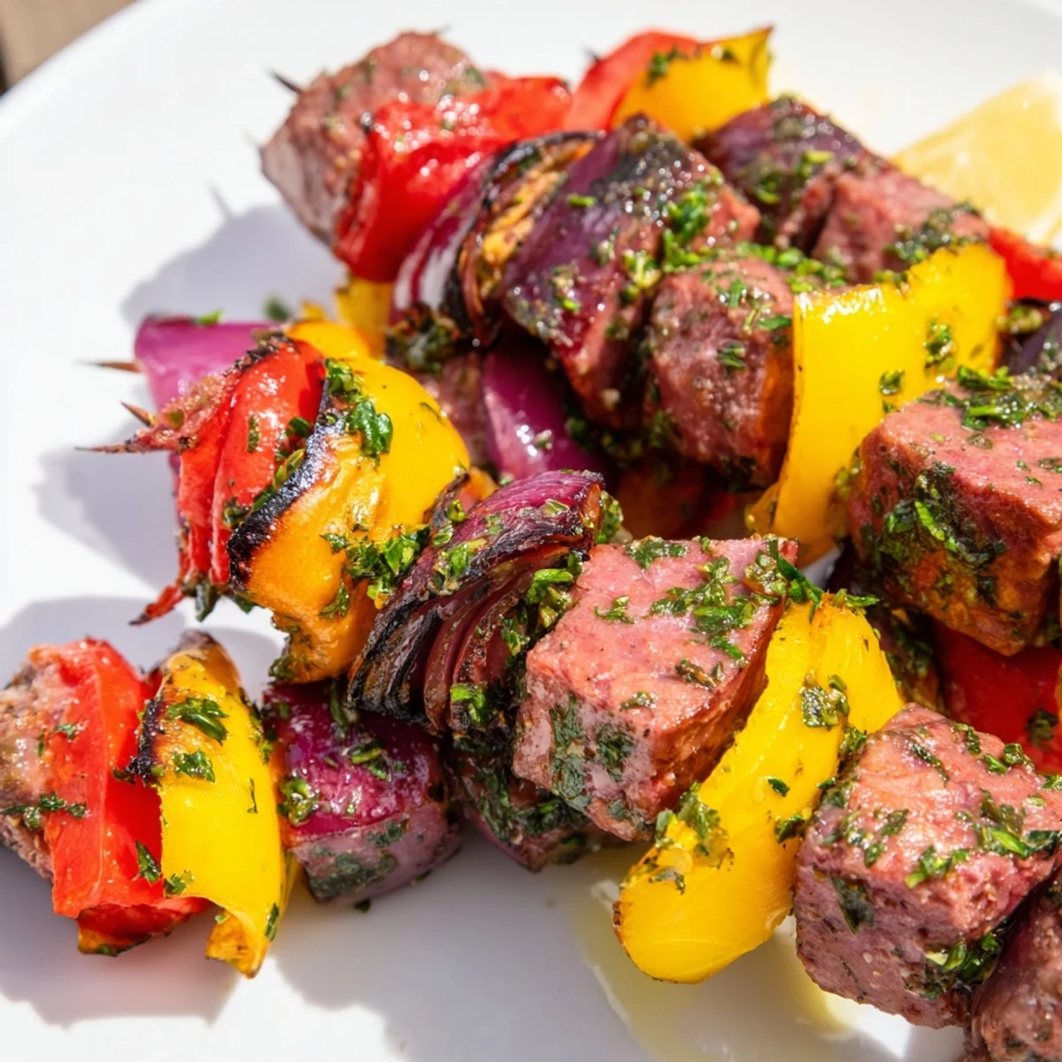 Sizzling Beef Sausage Skewers with Peppers being turned with tongs on a hot outdoor grill, showing charred edges on the vegetables.