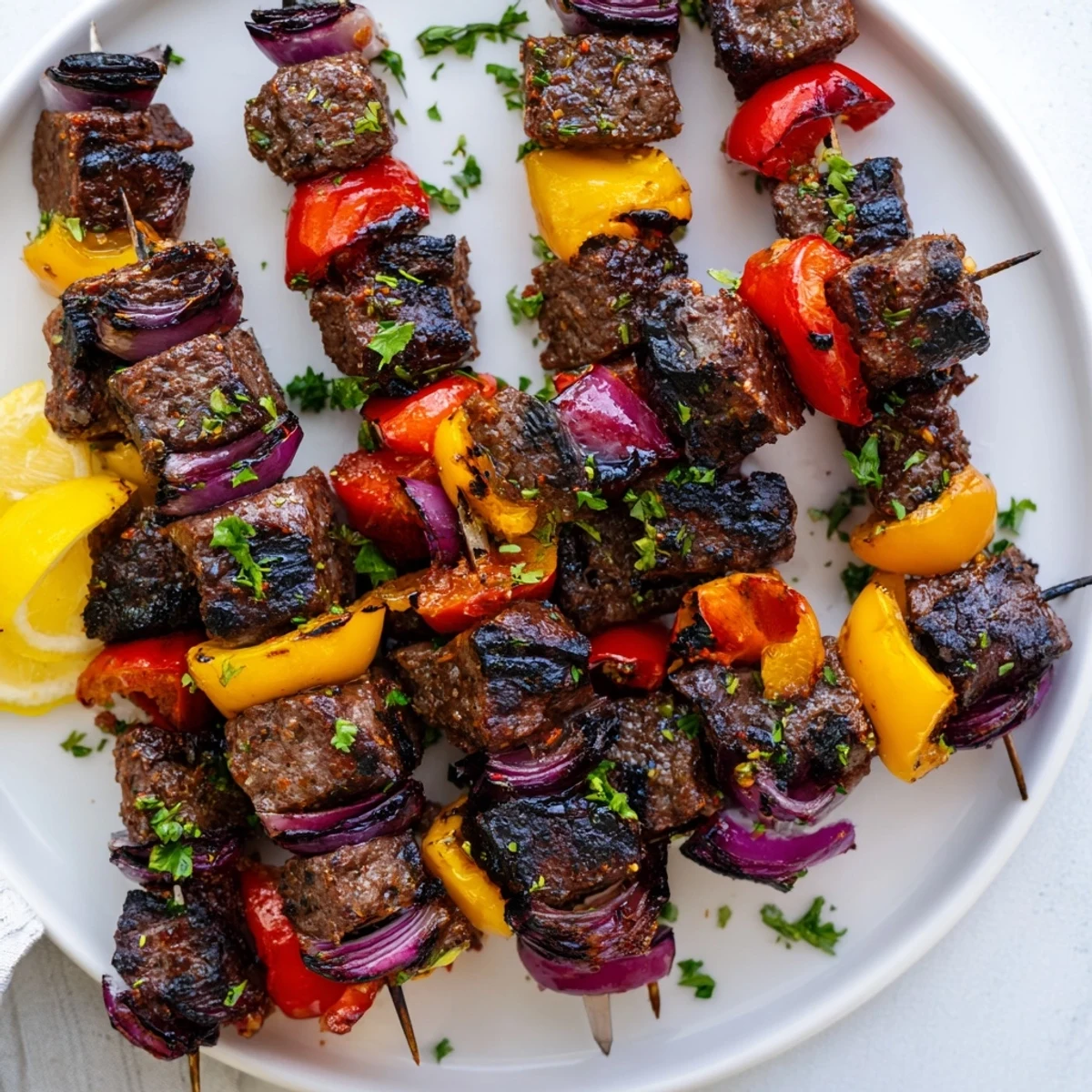 Close-up of juicy Beef Sausage Skewers with Peppers featuring red and yellow bell peppers and onions, served on a rustic plate.